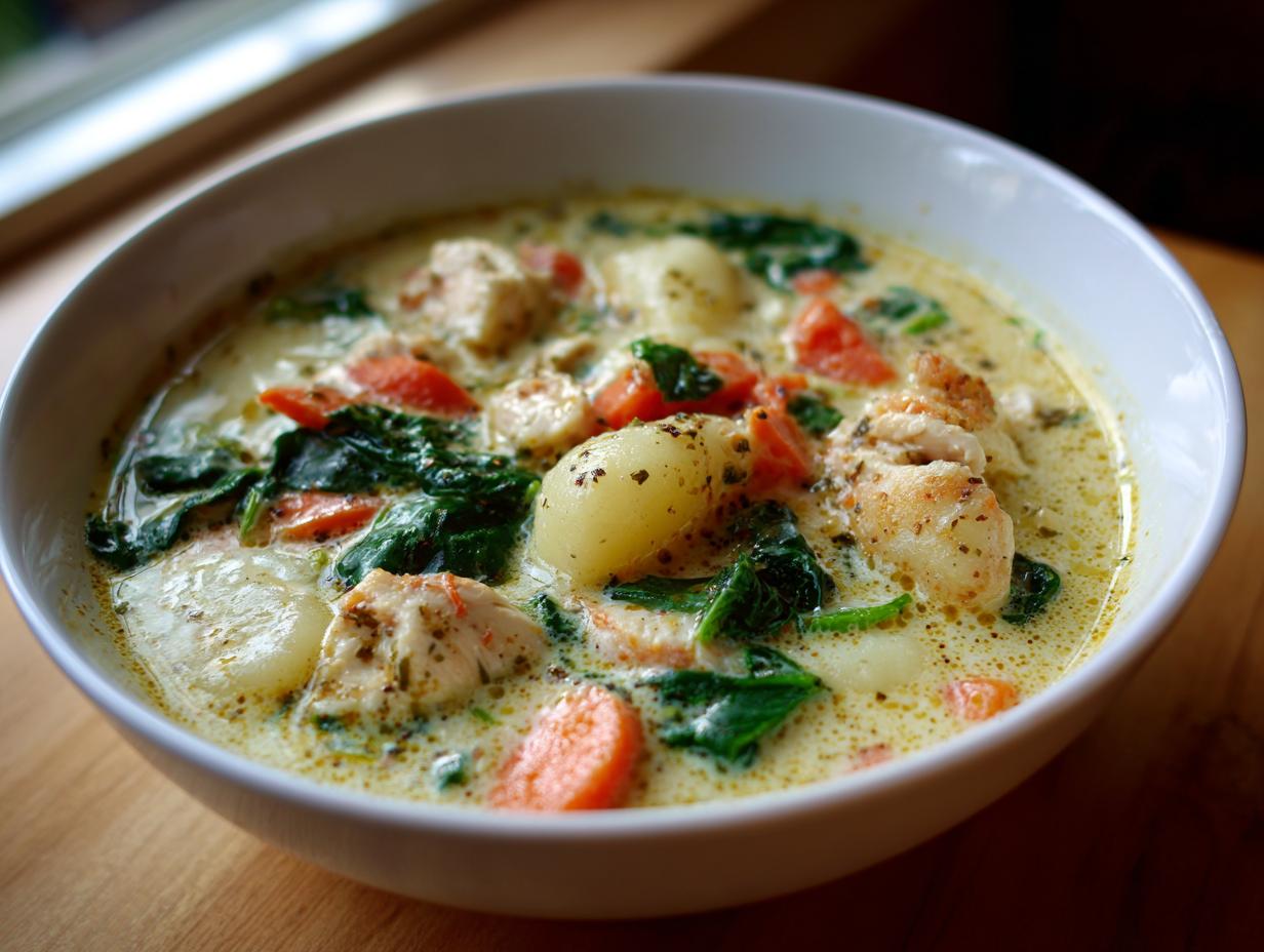 A close-up of a white bowl filled with creamy olive garden chicken gnocchi soup, showing chicken, gnocchi, carrots, and spinach.