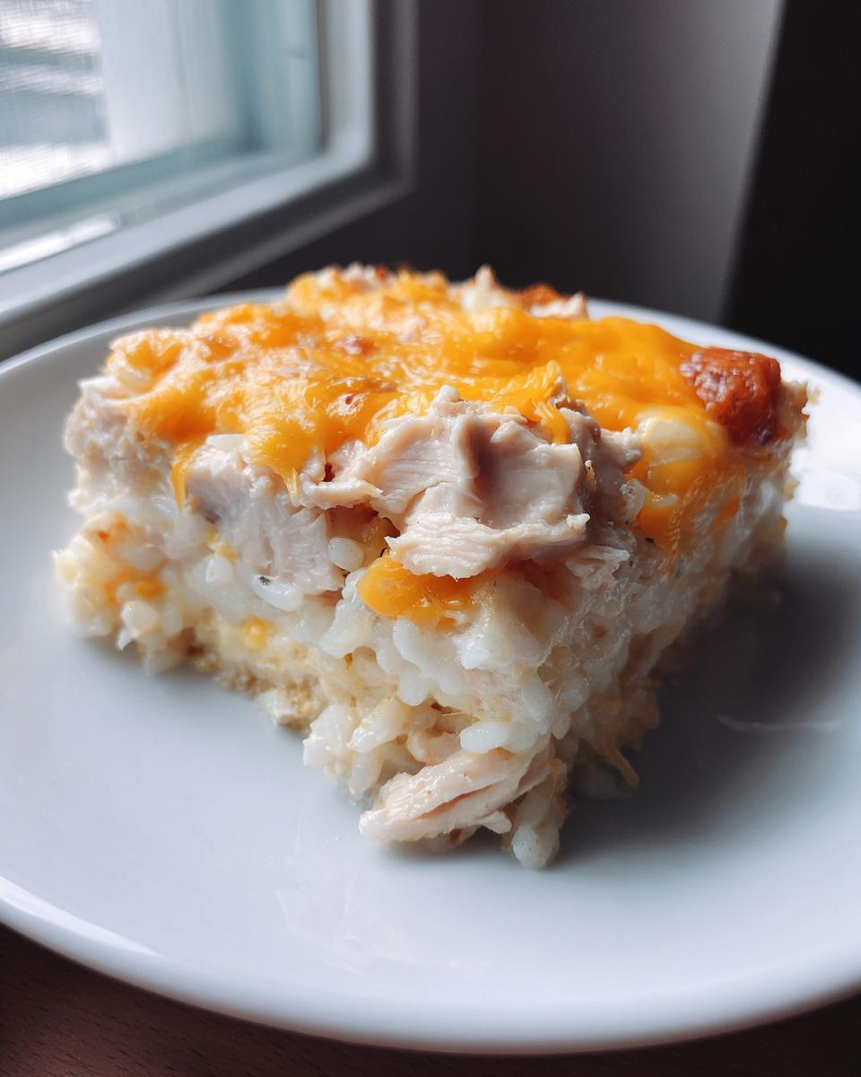 A square serving of creamy chicken and rice casserole topped with melted cheddar cheese.