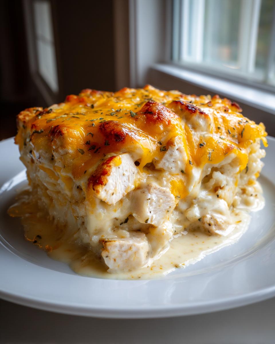 A thick slice of creamy chicken and rice casserole topped with melted cheddar cheese and herbs.