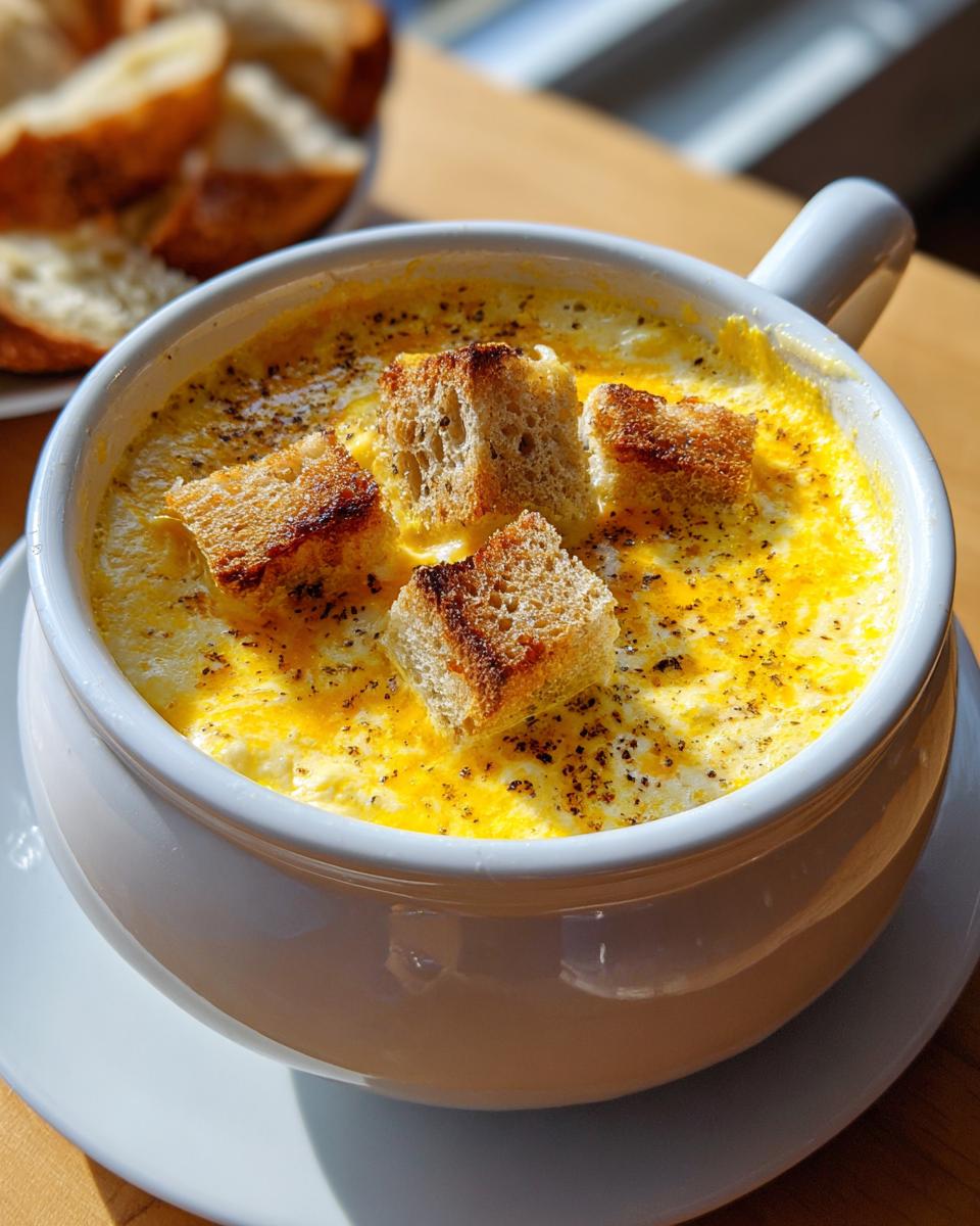 A close-up of creamy, yellow cheese fondue topped with toasted croutons and black pepper, served in a white bowl.