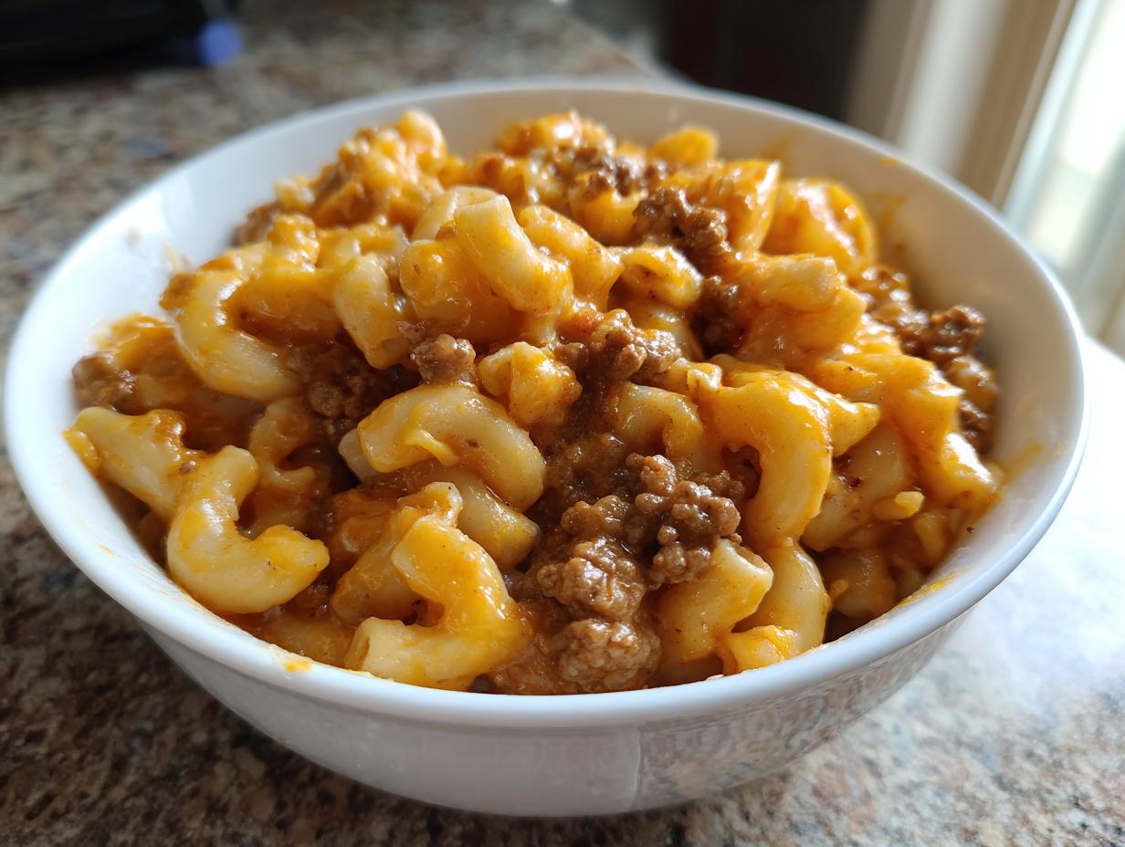 Close-up of a white bowl filled with creamy homemade hamburger helper, featuring elbow macaroni and seasoned ground beef.