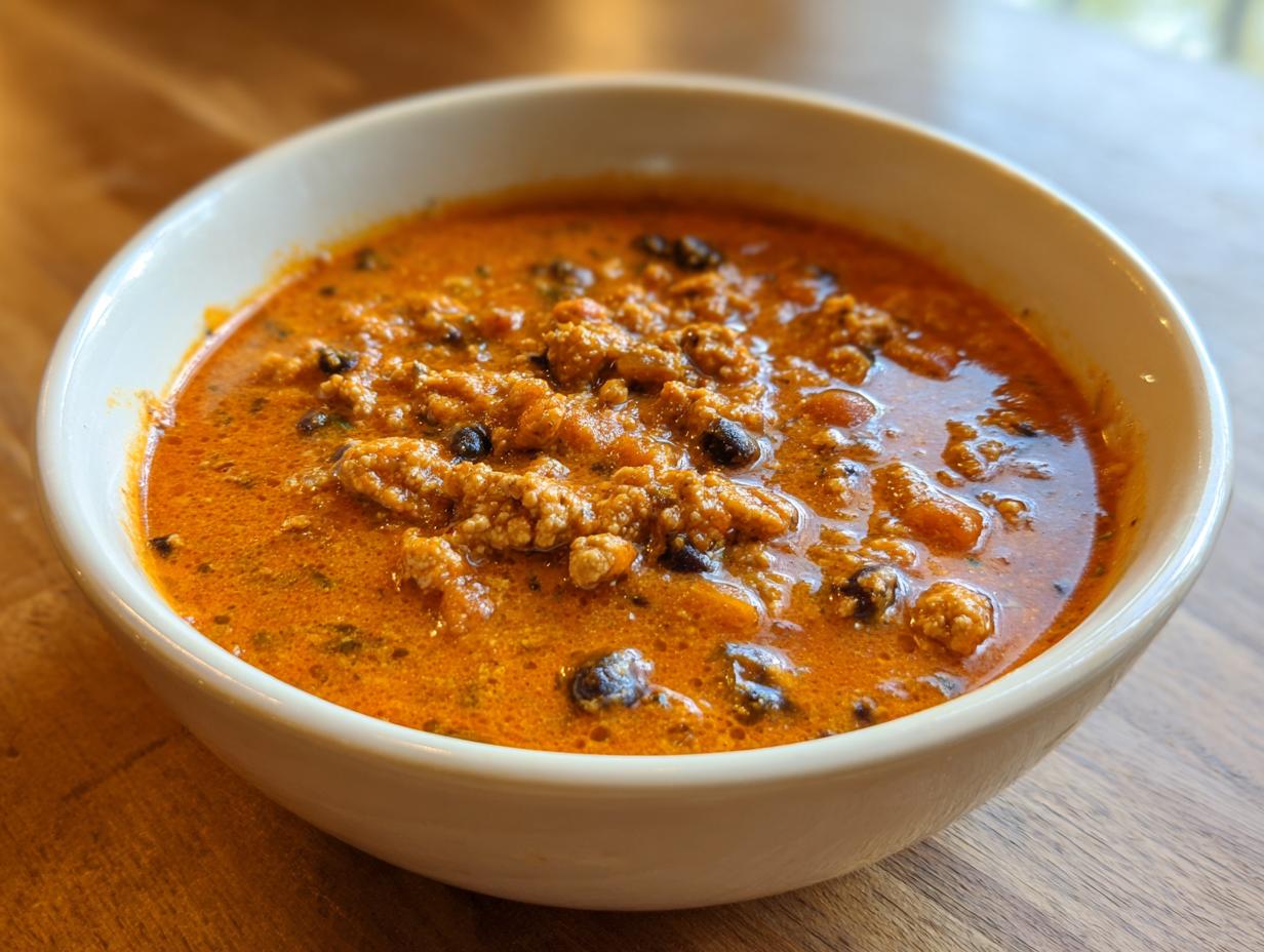 Close-up of a creamy, rich bowl of pumpkin chili featuring ground meat and black beans.