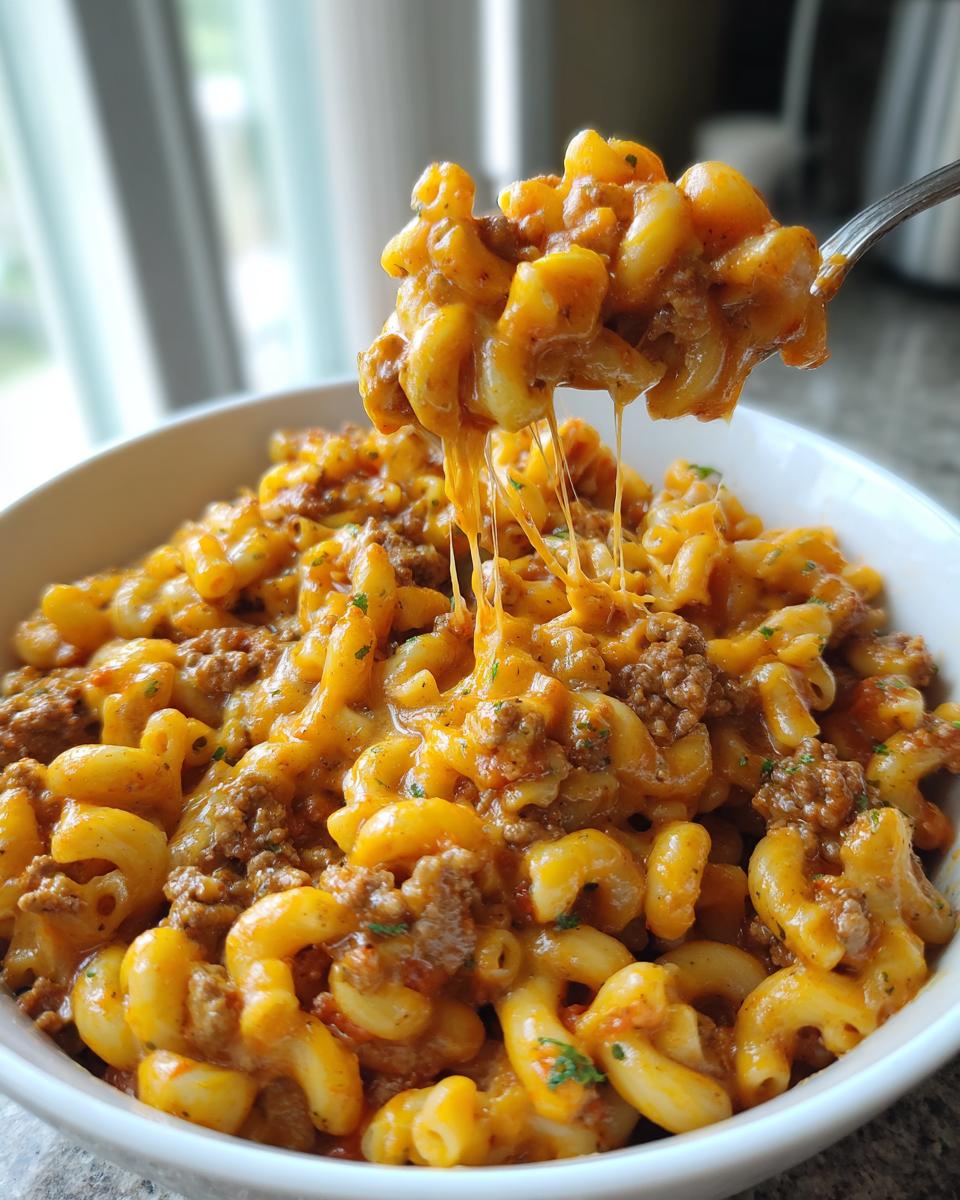 A fork lifting a cheesy, saucy portion of taco pasta out of a white bowl, showing melted cheese strings.