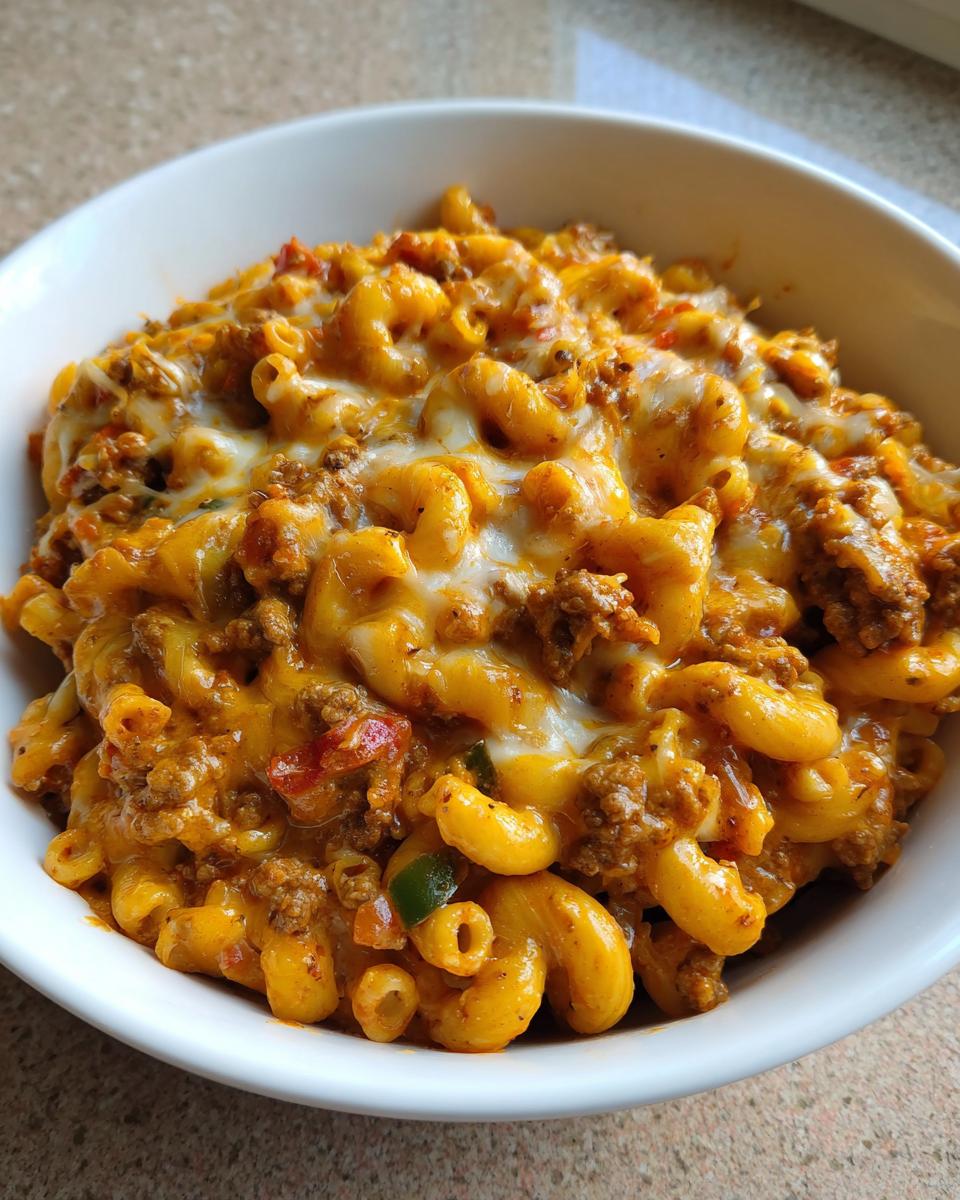 A close-up of a hearty bowl of cheesy taco pasta mixed with ground beef and topped with melted cheddar and Monterey Jack cheese.