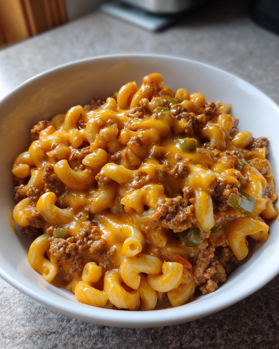 Close-up of a hearty bowl of creamy taco pasta with ground beef, melted cheddar cheese, and green peppers.