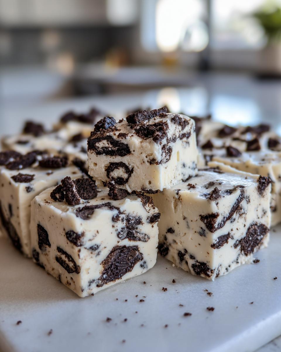 Close-up of creamy white Oreo fudge squares studded with dark chocolate cookie pieces, ready to eat.