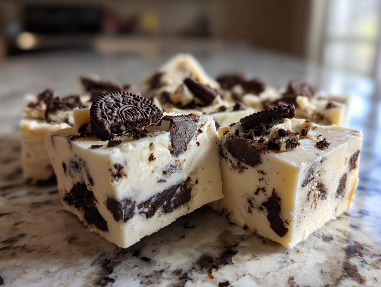 Close-up of creamy white no-bake Oreo fudge squares studded with dark chocolate cookie pieces.