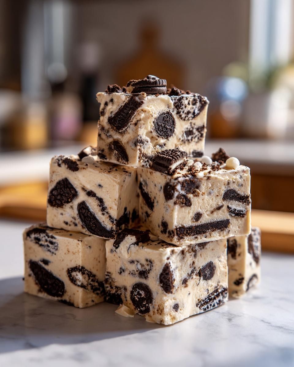 A stack of creamy white squares of no-bake Oreo fudge loaded with chunks of dark chocolate cookies.