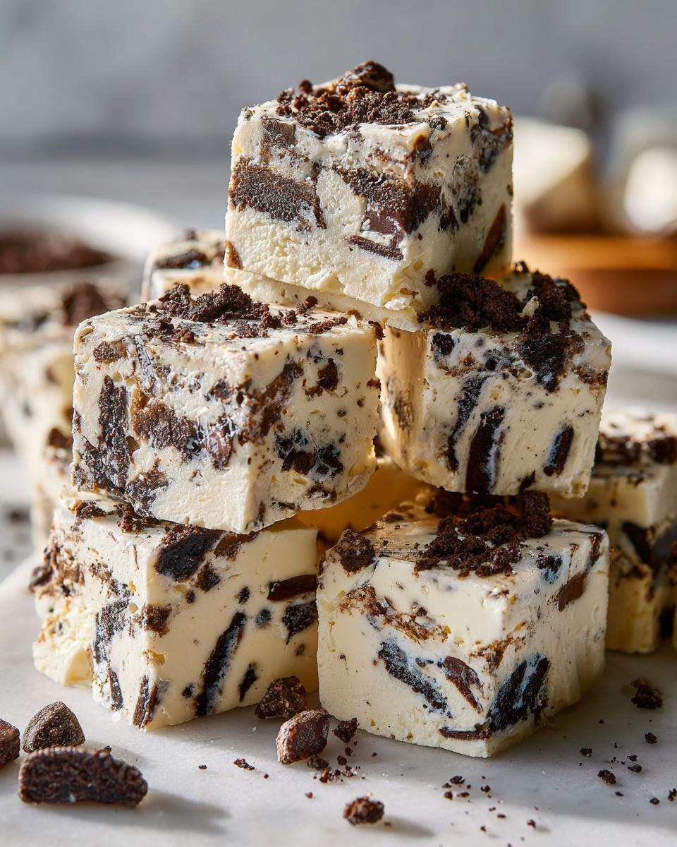A stack of creamy white Oreo fudge squares loaded with dark chocolate cookie pieces, topped with crumbs.