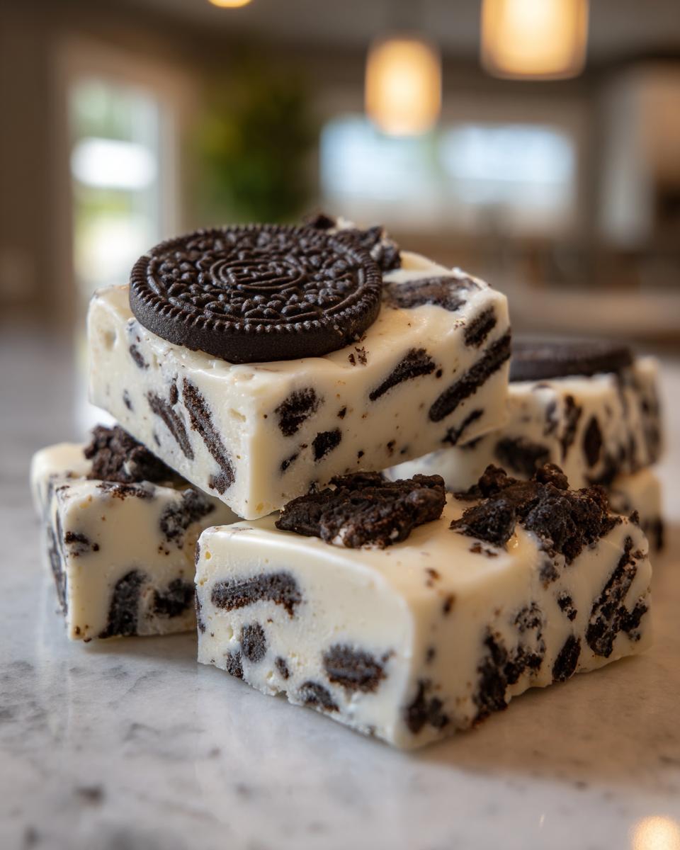 Close-up of stacked white chocolate Oreo fudge squares loaded with crushed cookies, topped with a whole Oreo.