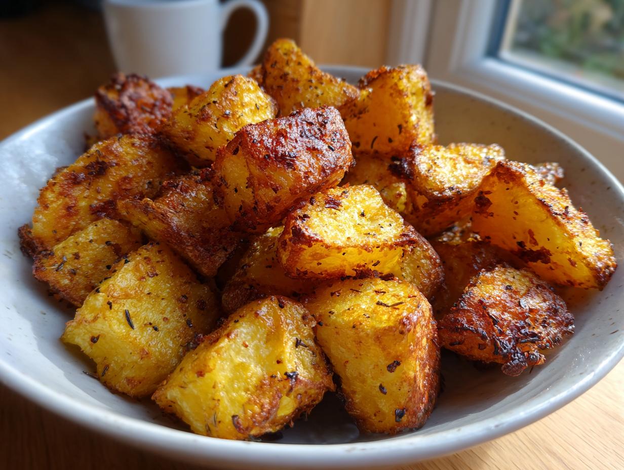 Close-up of golden brown, crispy oven roasted potatoes seasoned with herbs in a light grey bowl.