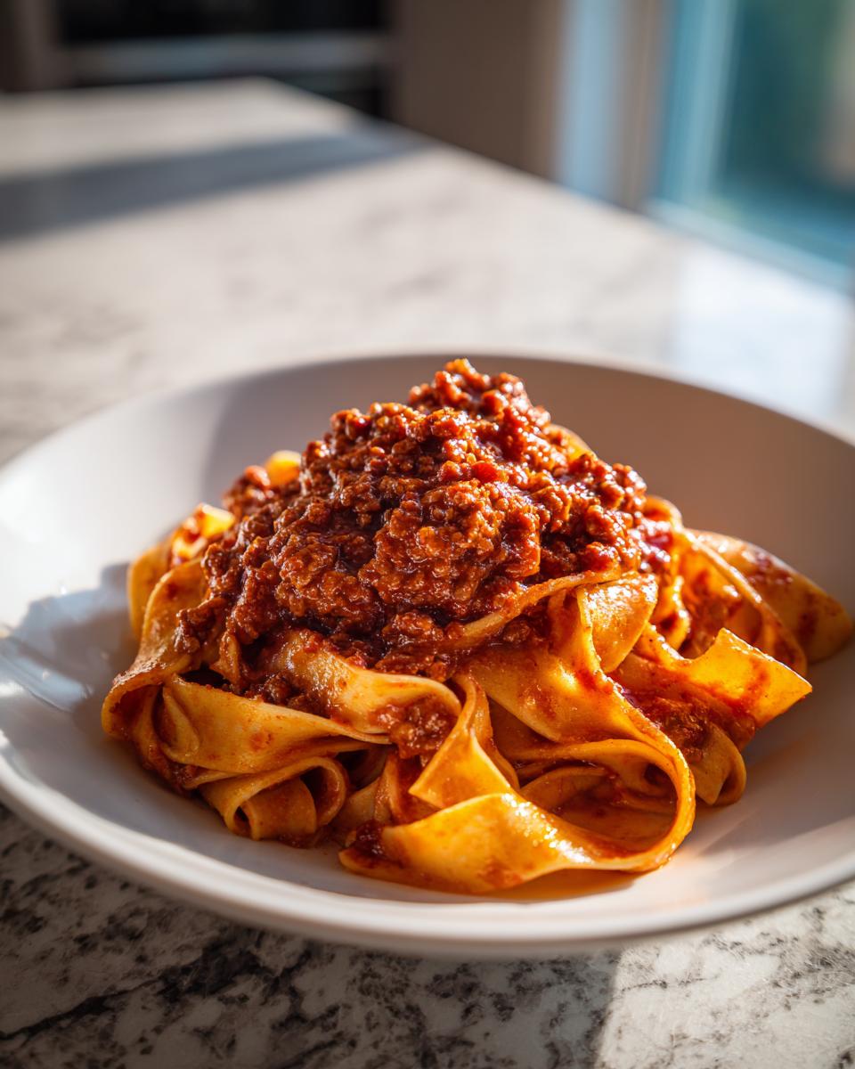 A close-up of wide pappardelle pasta generously topped with rich, thick bolognese sauce.