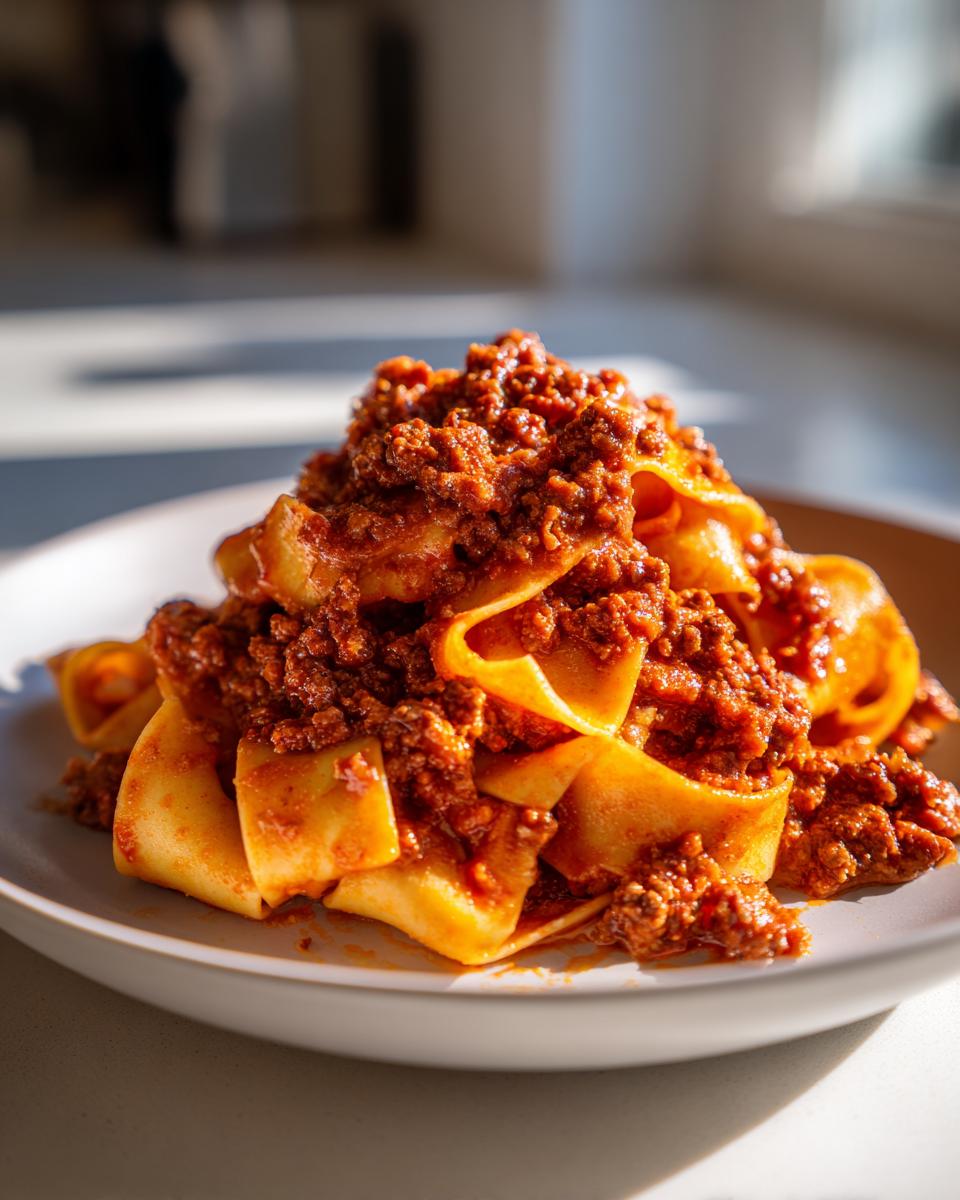 A close-up of wide pappardelle pasta generously topped with rich, slow-cooked bolognese sauce on a light plate.