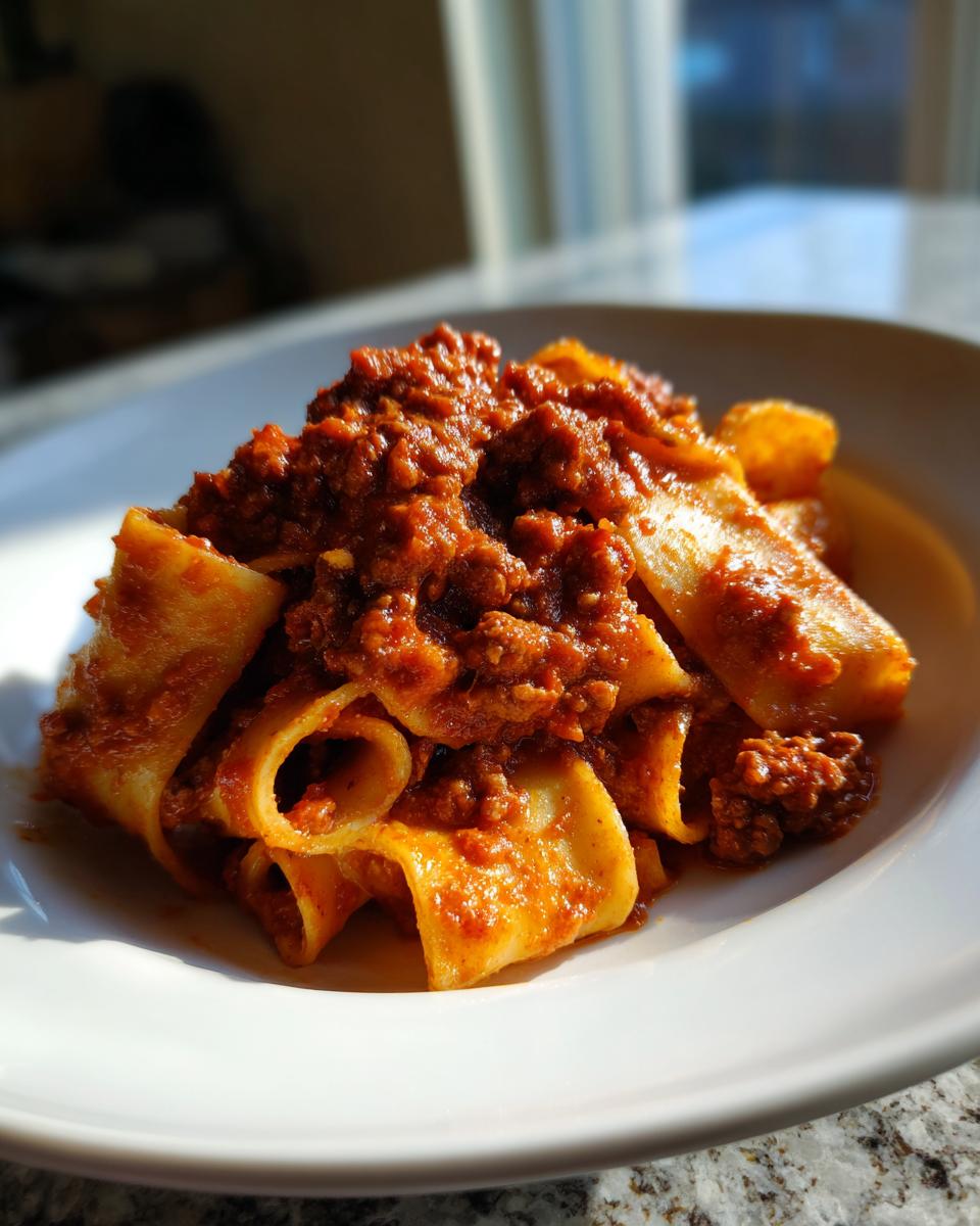 Close-up of wide pappardelle pasta generously topped with rich, slow-cooked bolognese sauce.