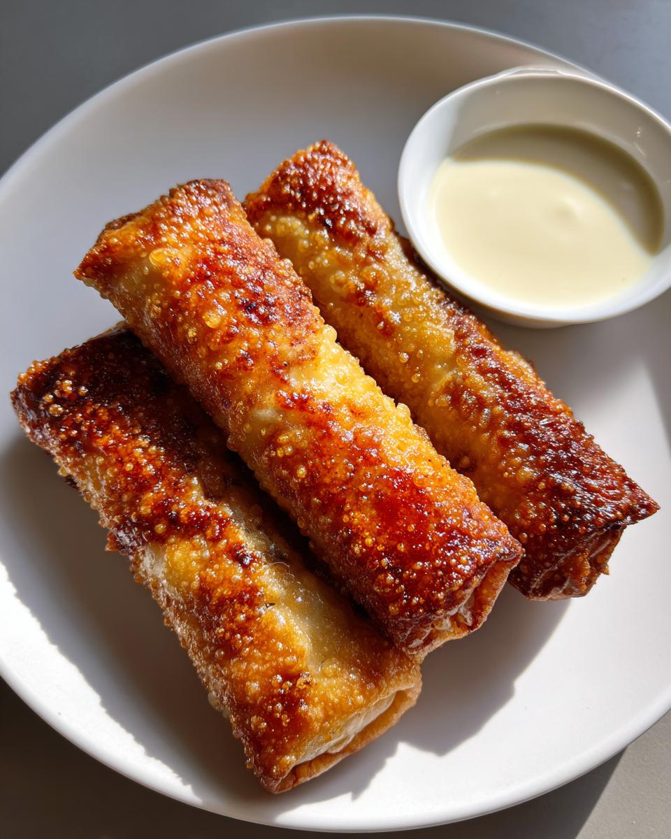 Three crispy, golden brown peach cobbler egg rolls served on a white plate next to a small bowl of vanilla dipping sauce.