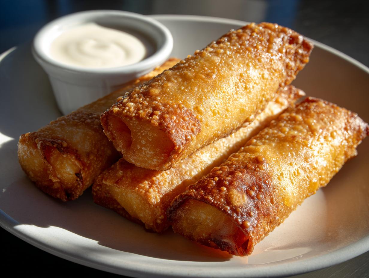 Close-up of several crispy, golden-brown peach cobbler egg rolls stacked on a plate next to a small cup of white dipping sauce.