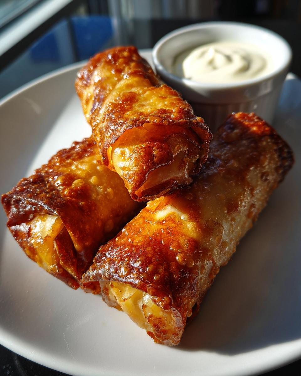 Three golden brown, crispy peach cobbler egg rolls stacked on a white plate next to a small dish of white dipping sauce.
