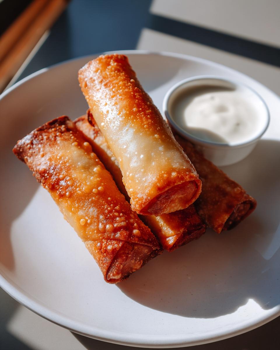 Close-up of crispy, golden-brown peach cobbler egg rolls served on a white plate with a side of dipping sauce.