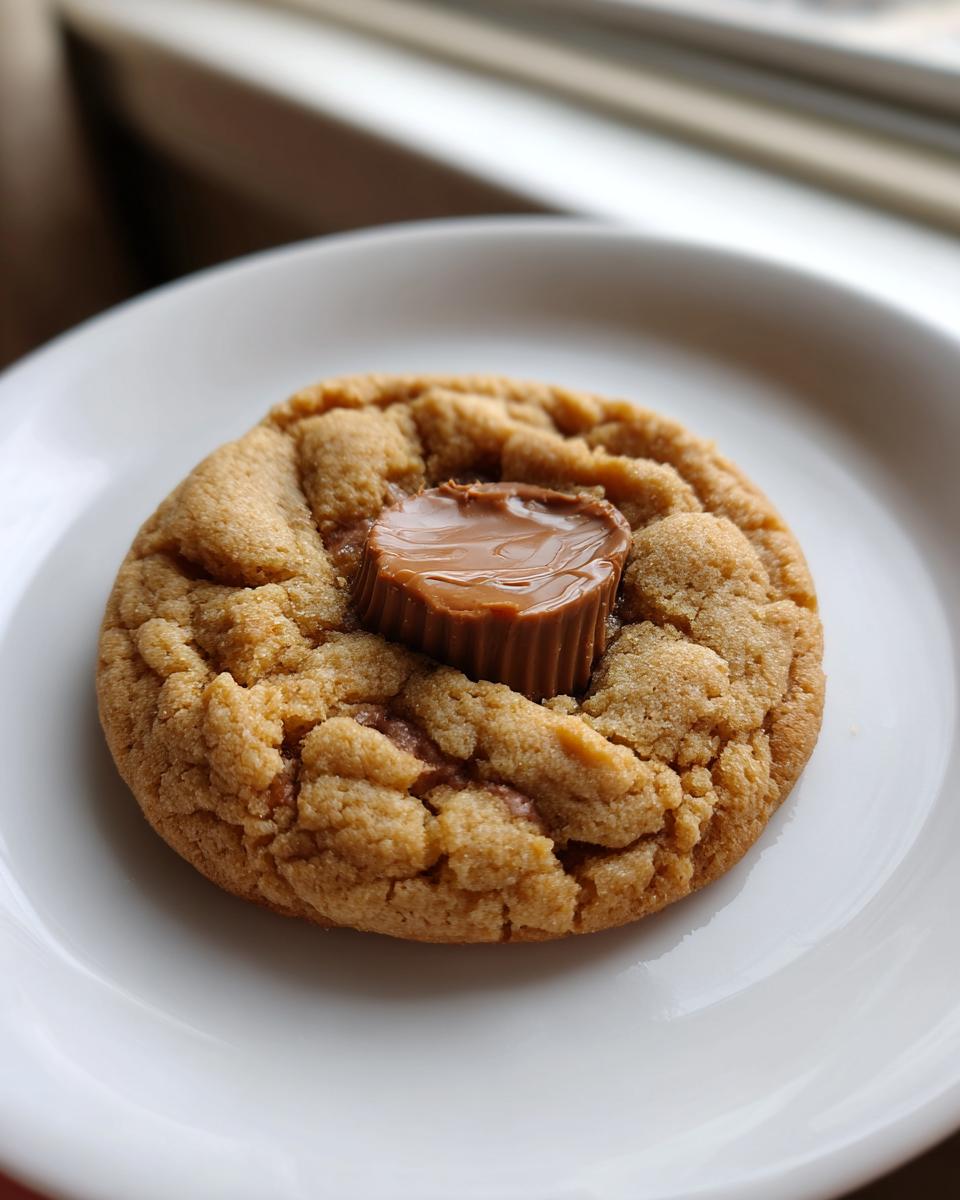 A close-up of a freshly baked peanut butter cup cookies, featuring a melted peanut butter cup pressed into the center.