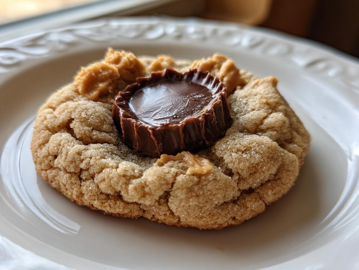 A single, sugar-coated peanut butter cup cookie pressed with a miniature peanut butter cup in the center.