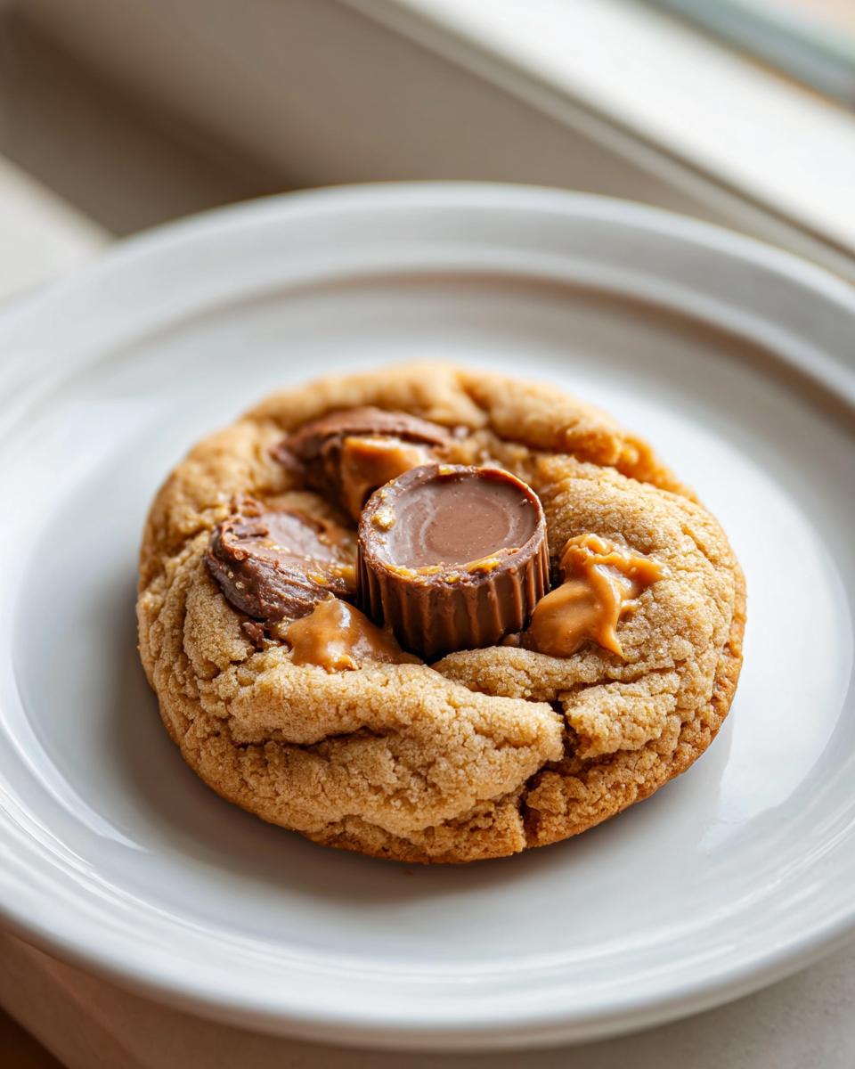 A single, perfectly baked peanut butter cup cookies topped with a melted peanut butter cup, sitting on a white plate.