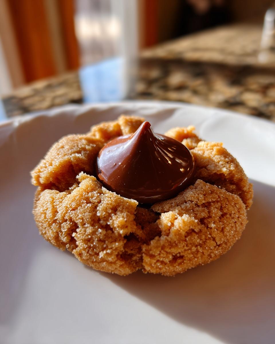 Close-up of a single, sugar-coated peanut butter kiss cookie topped with a shiny milk chocolate drop.