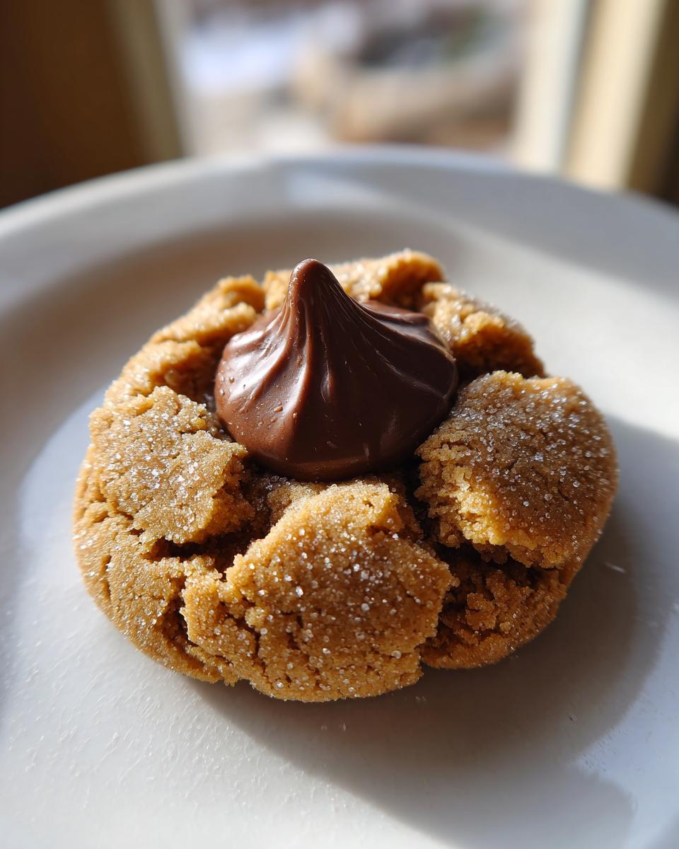 Close-up of a freshly baked peanut butter kiss cookies, rolled in sugar, topped with a melted chocolate kiss.
