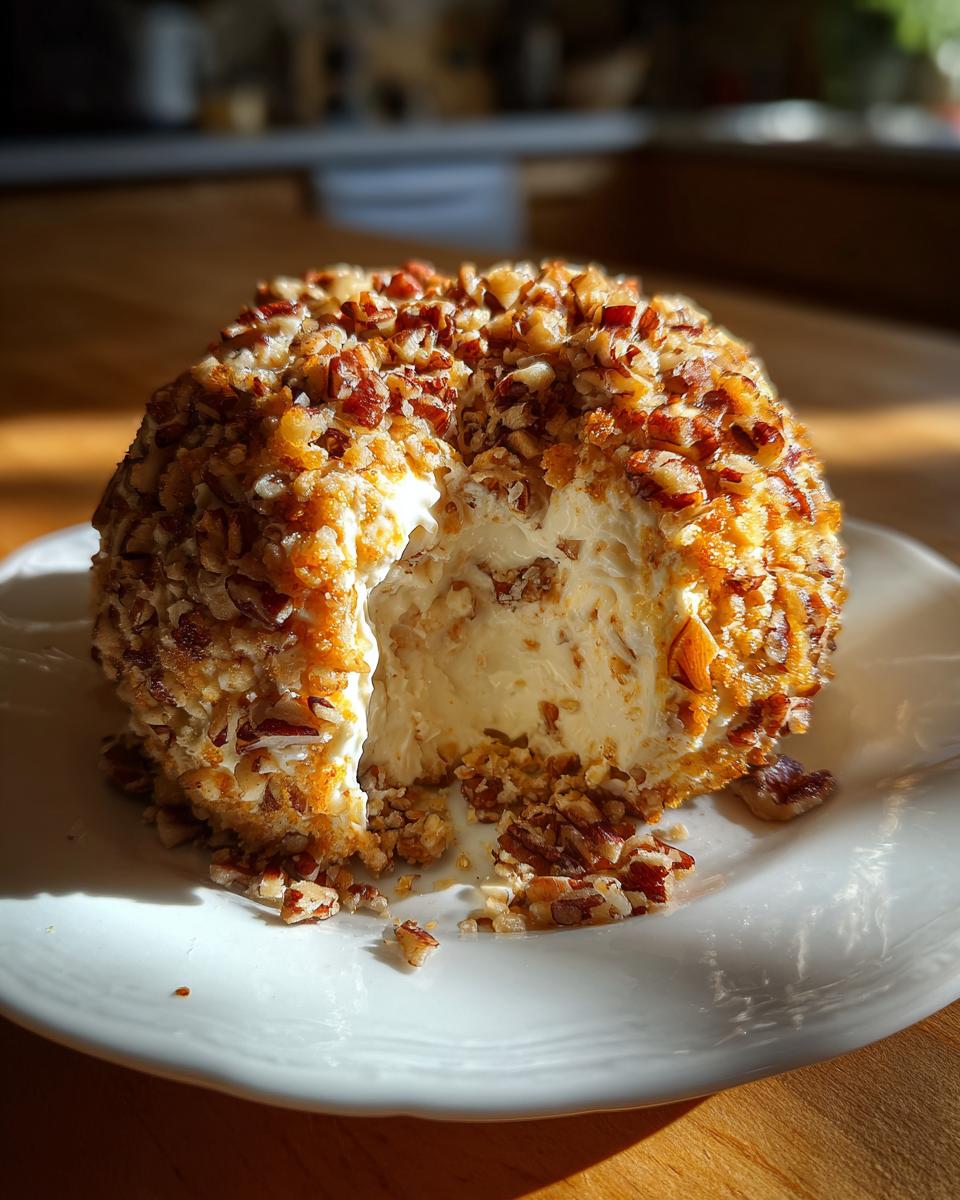 A creamy pineapple cheese ball, coated in chopped pecans, with a piece removed showing the soft interior.