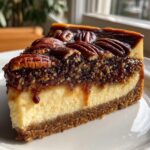 A decadent slice of pecan pie cheesecake showing a graham cracker crust, creamy filling, and pecan topping.