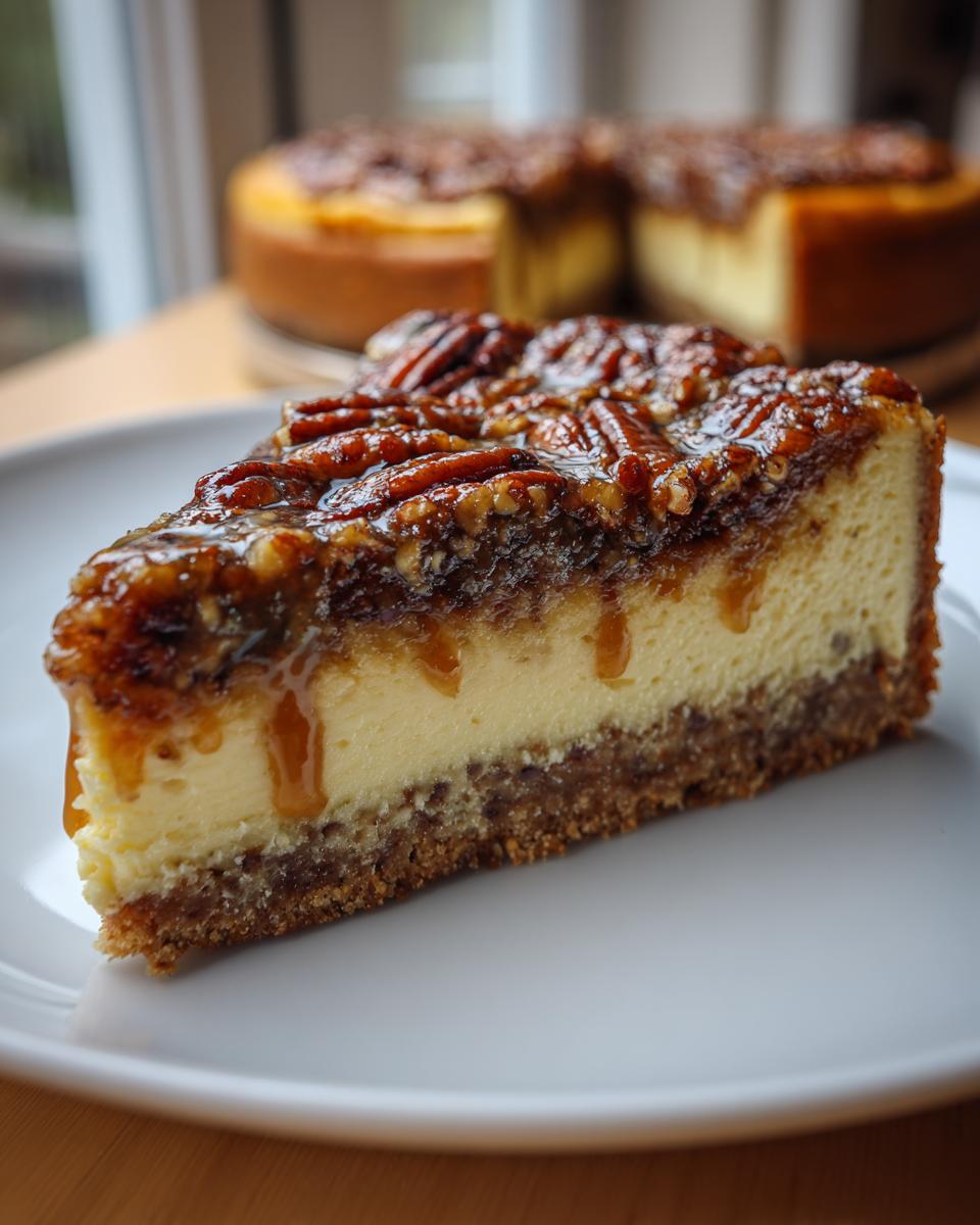 A close-up slice of pecan pie cheesecake showing the graham cracker crust, creamy filling, and sticky pecan topping.