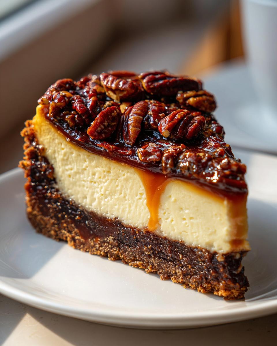 A decadent slice of pecan pie cheesecake featuring a thick graham cracker crust, creamy filling, and topped with glazed pecans and caramel.