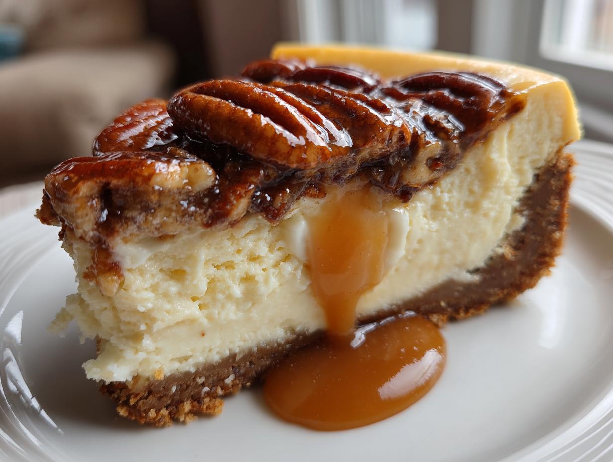 A close-up of a rich slice of pecan pie cheesecake topped with glazed pecans and dripping caramel sauce.
