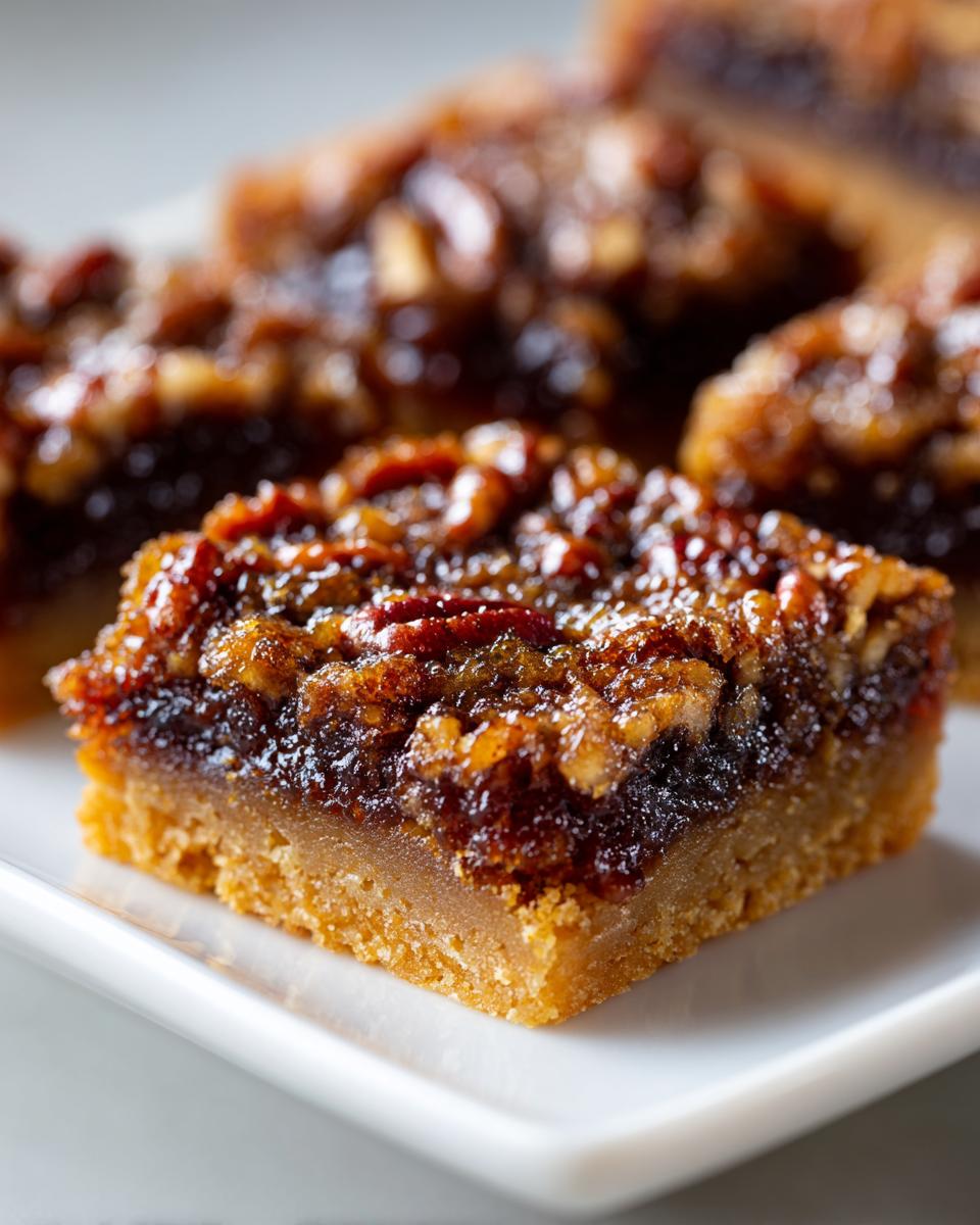 A close-up of a square pecan pie cookies bar showing a shortbread crust and a rich, gooey pecan topping.