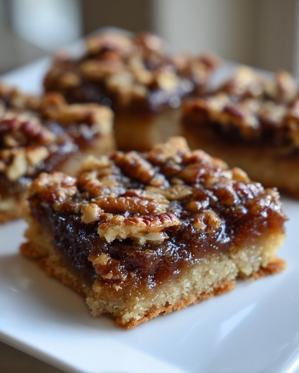 A close-up of a square bar cookie featuring a shortbread crust, gooey filling, and topped with pecans, resembling pecan pie cookies.