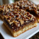 A close-up of a square pecan pie cookies bar showing a shortbread crust, gooey filling, and chopped pecans on top.