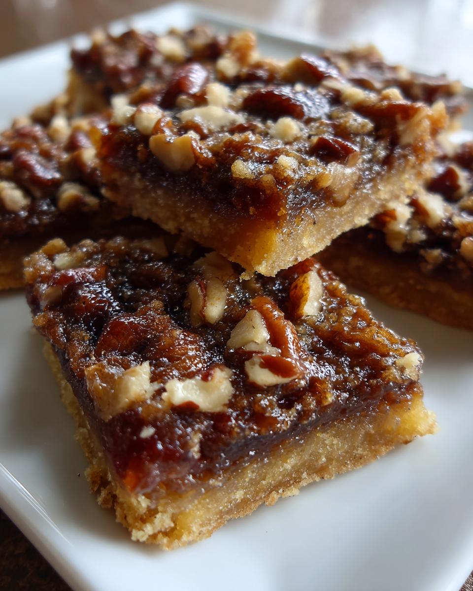 Close-up of square pecan pie cookies bars with a gooey caramel topping and chopped pecans on a white plate.