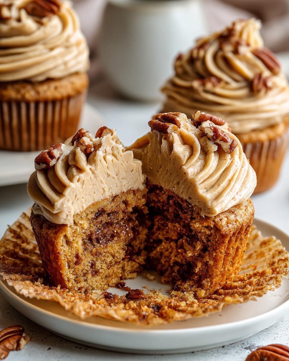 A pecan pie cupcakes cut in half showing the moist cake interior and rich pecan filling, topped with caramel frosting and pecans.