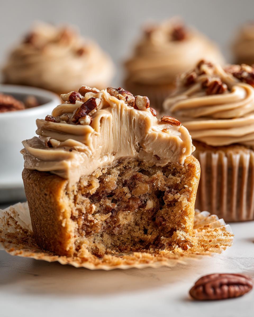 Close-up of a pecan pie cupcake cut in half showing the moist interior and rich brown pecan filling, topped with caramel frosting and chopped pecans.