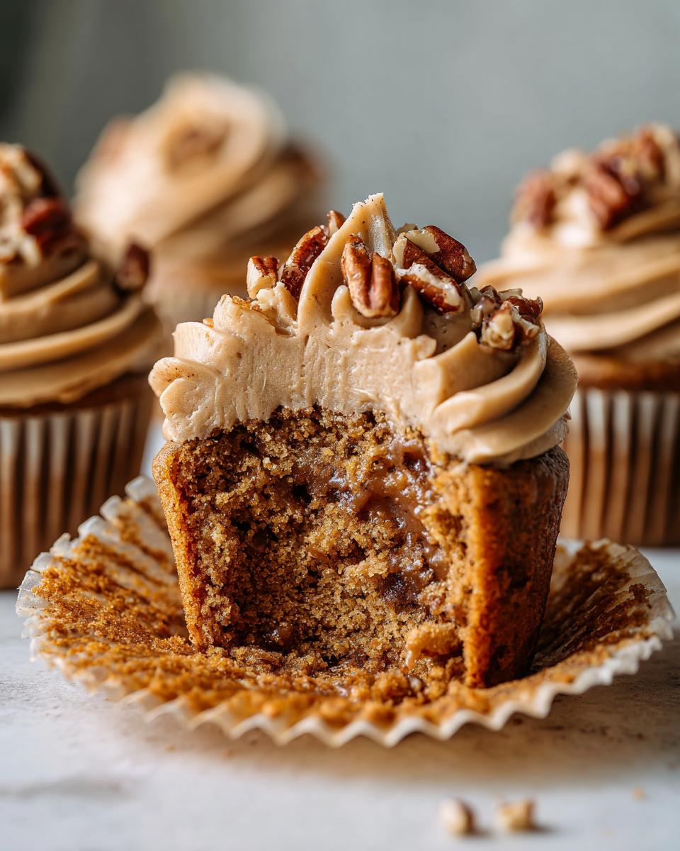 Close-up of a pecan pie cupcakes cut in half showing gooey filling, topped with caramel frosting and pecans.