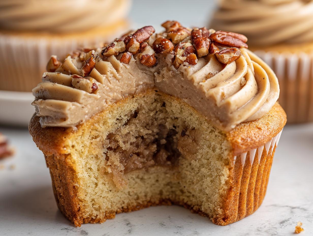 Close-up of a pecan pie cupcakes cut in half, showing the gooey filling, spiced frosting, and toasted pecans.