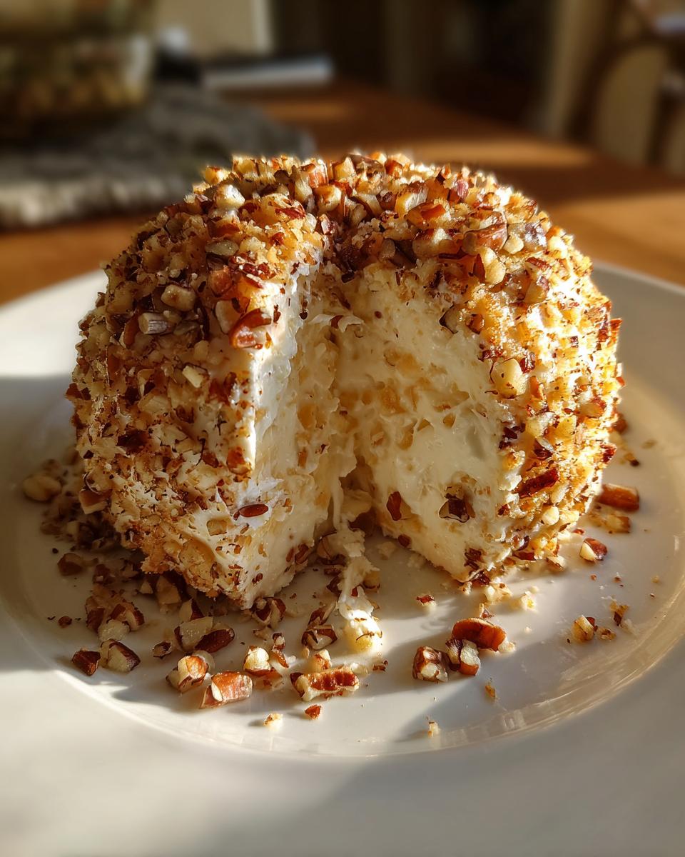 A slice has been taken out of a creamy pineapple cheese ball coated entirely in chopped pecans.