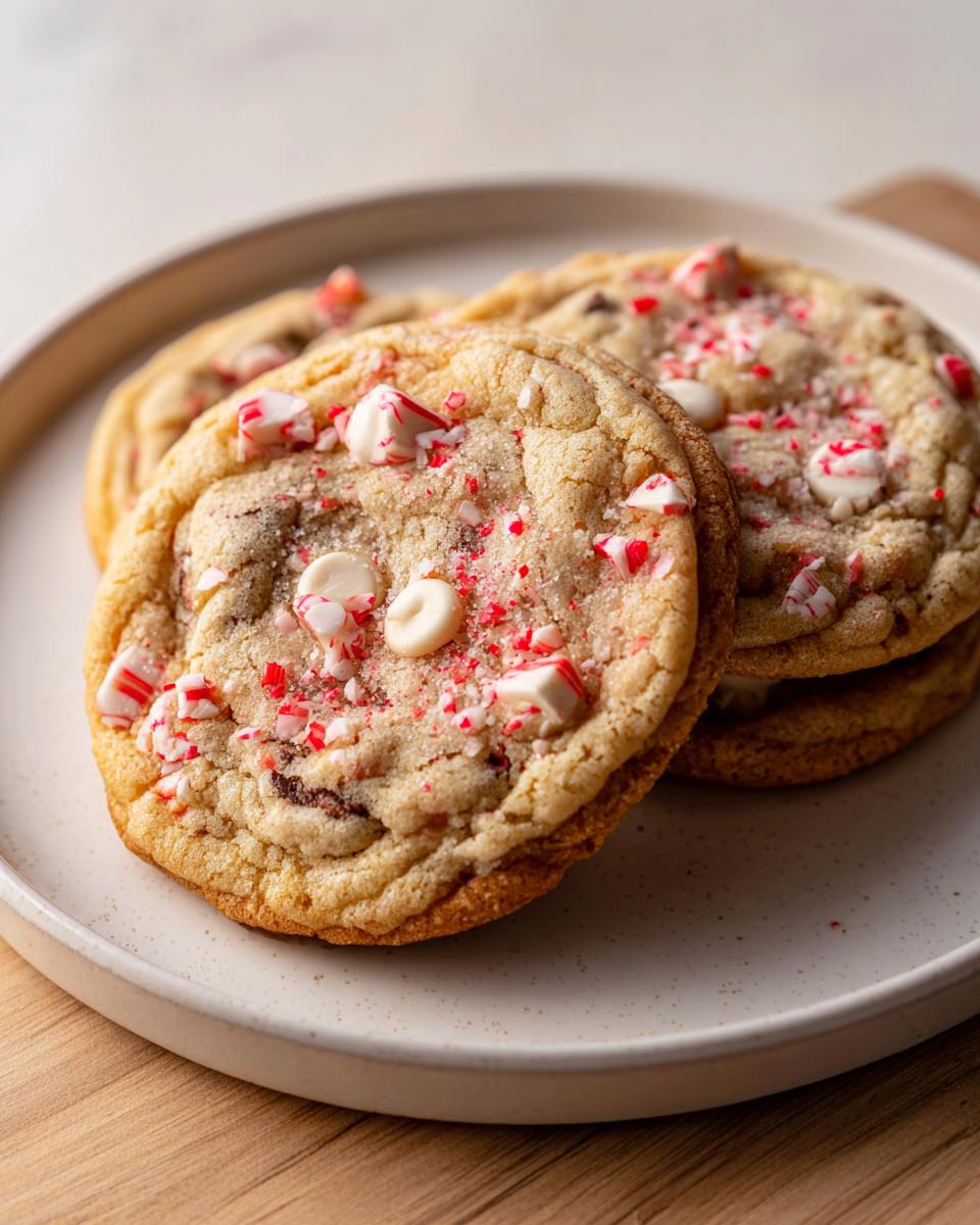 Three soft-baked peppermint chocolate chip cookies topped with crushed candy canes and white chocolate chips on a light plate.