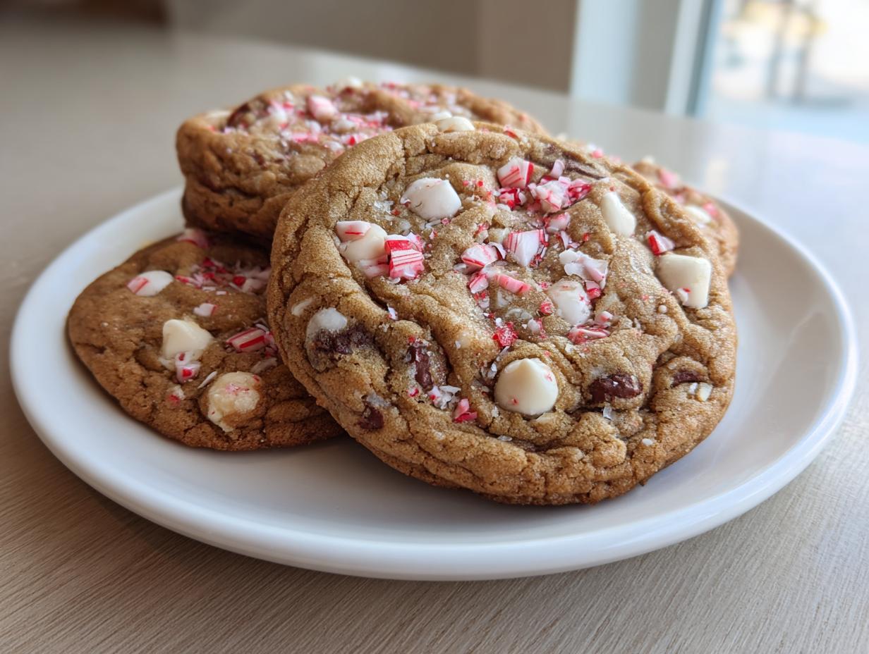 Three delicious peppermint chocolate chip cookies topped with white chocolate chips and crushed candy canes, resting on a white plate.