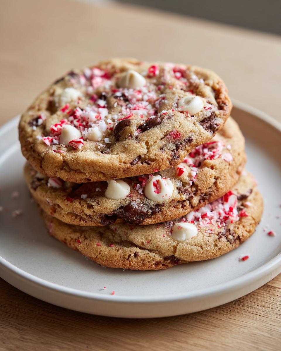 A stack of three delicious peppermint chocolate chip cookies topped with white chocolate chips and crushed candy canes.