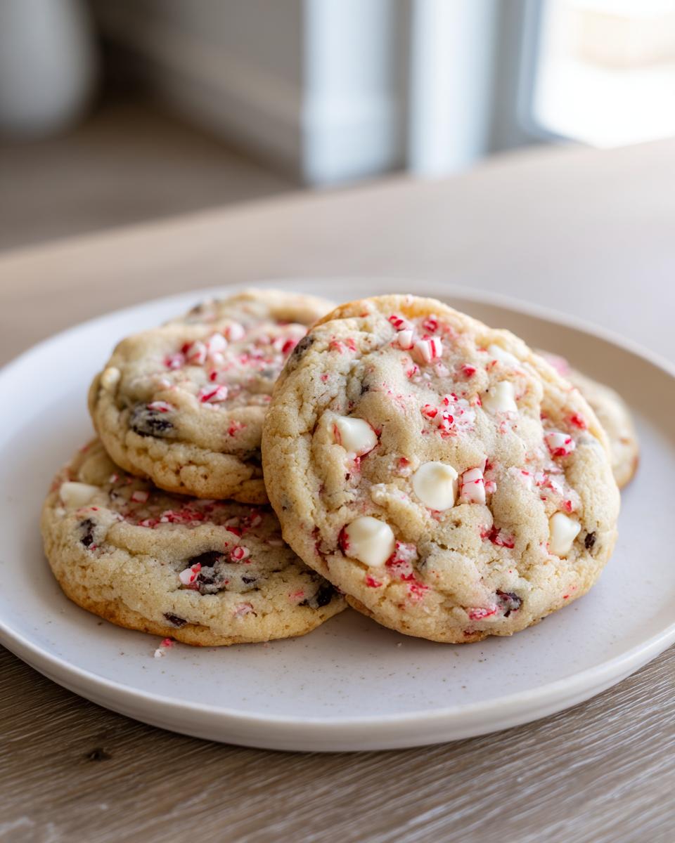 A stack of soft, chewy peppermint chocolate chip cookies topped with white chocolate chips and crushed candy canes.