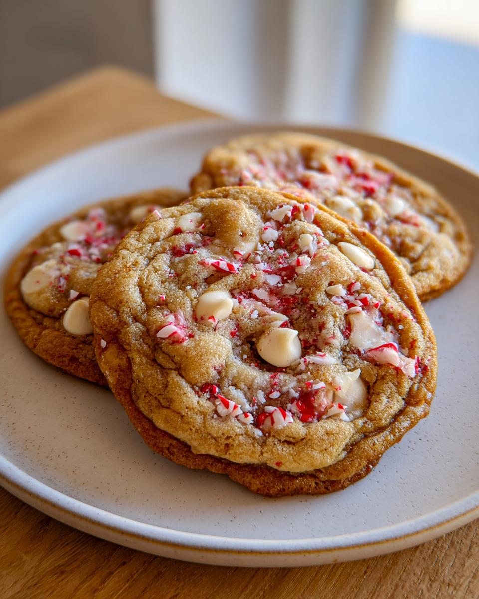Close-up of three freshly baked peppermint chocolate chip cookies topped with white chocolate chips and crushed candy canes.