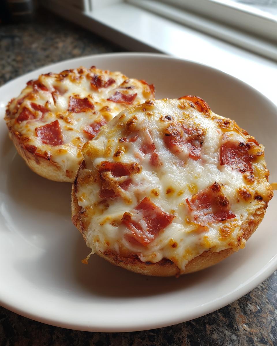 Two freshly baked pepperoni english muffin pizza halves topped with melted, bubbly cheese served on a white plate.
