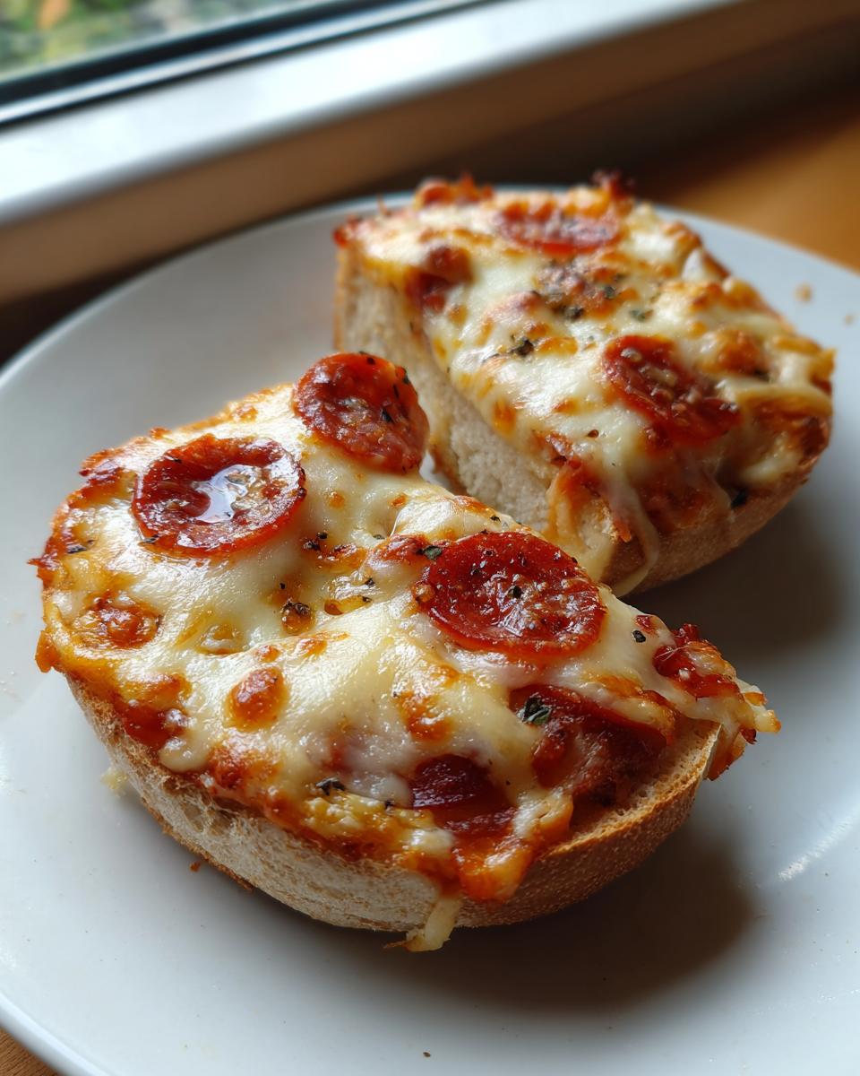 Close-up of two halves of a pepperoni english muffin pizza, topped with melted cheese and herbs, served on a white plate.