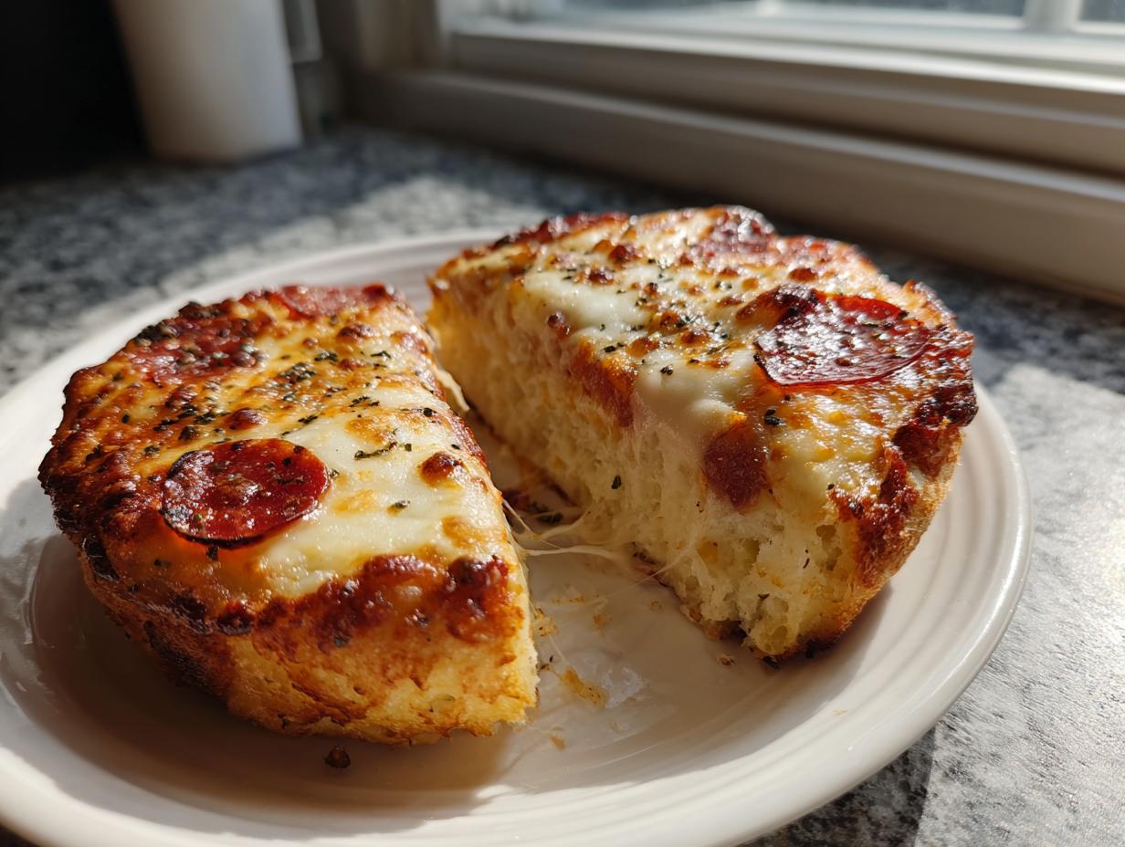 Two halves of a thick, cheesy pepperoni english muffin pizza resting on a white plate, showing melted cheese pull.