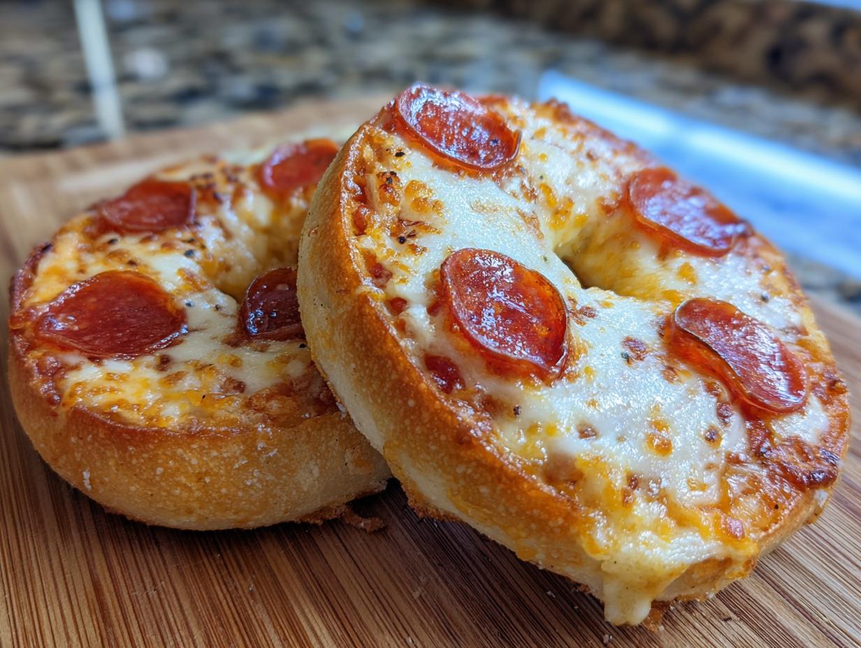 Close-up of two freshly baked pepperoni pizza bagels topped with melted cheese, resting on a wooden cutting board.